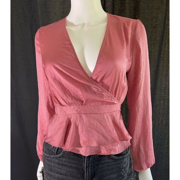 Topshop Women's Blouson Sleeve Wrap Blouse Pink Satin Size US 2 EUR 34 - Picture 3 of 12